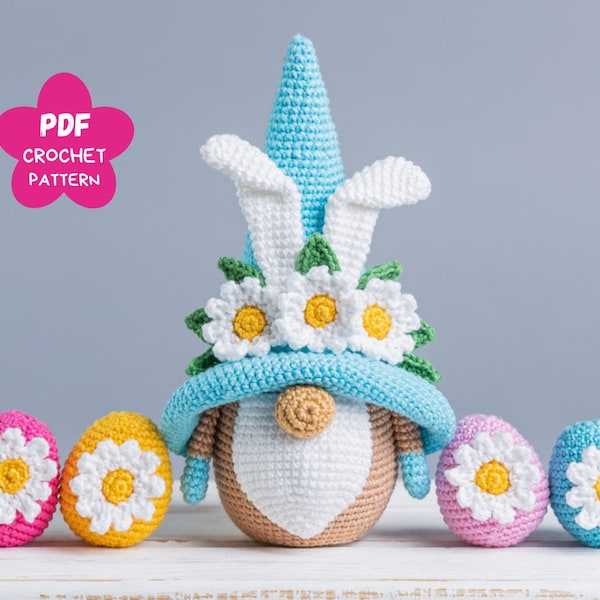 Crochet patterns Easter bunny with crochet flowers, Crochet bunny amigurumi pattern, Crochet Easter gnomes patterns, Crochet Easter gift