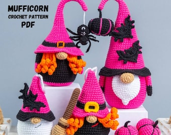 Crochet Halloween patterns Bundle: Crochet Halloween Gnome Witch, Crochet keychain with bat, Crochet gnome with pumpkin, Amigurumi witch
