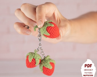 Modèle de crochet de porte-clés fraise, modèle de porte-clés de nourriture au crochet, tutoriel pdf amigurumi de porte-clés de fruit de fraise de Kawaii