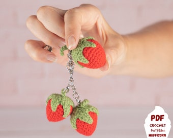 Strawberry keychain crochet pattern, Food crochet keychain pattern, Kawaii strawberry fruit keyring amigurumi pdf tutorial