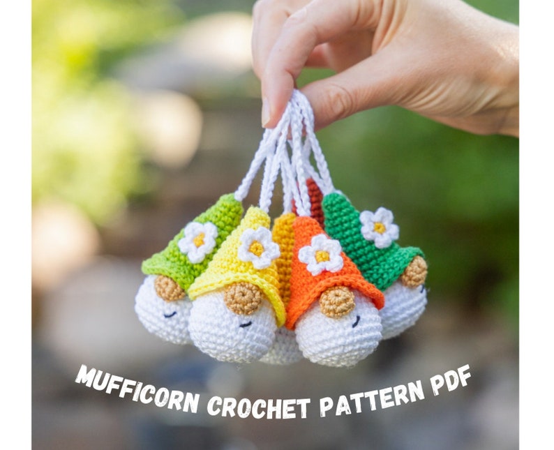 Crochet patterns amigurumi keychain gnome with crochet flower, Crochet keychain amigurumi pattern, Easter crochet pattern image 1