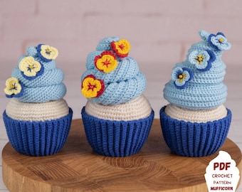 CROCHET PATTERN BUNDLE: Crochet cupcakes pattern with three types of cream/frosting, Crochet play food set for kids pretend kitchen bakery