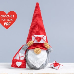 Crochet patterns gnome with crochet bag and envelope, Crochet gnome mailman amigurumi pattern, Crochet Valentine gnome pattern, Crochet gift