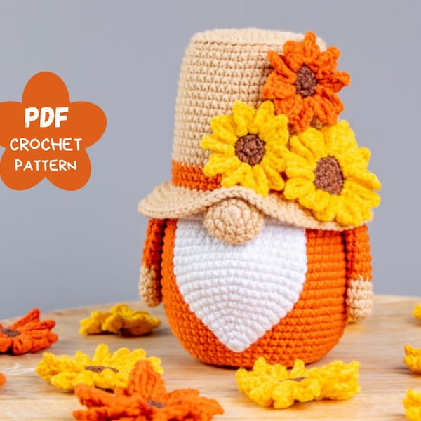 Crochet patterns Garden Gnome, Crochet Sunflower pattern, Gnome amigurumi pattern, Crochet gnome pattern with crochet flowers