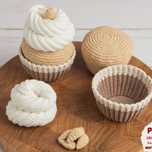 Crochet pattern almond cupcake, Amigurumi food play set pattern for kid&#39;s pretend play, Crochet food pattern for kitchen decoration