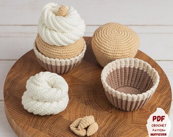 Crochet pattern almond cupcake, Amigurumi food play set pattern for kid's pretend play, Crochet food pattern for kitchen decoration