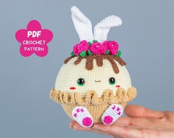 Crochet patterns Easter bunny pie with crochet flowers, Crochet bunny amigurumi pattern, Crochet Easter decor patterns, Crochet pie pattern