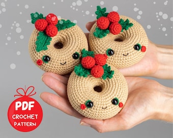 Donut de Navidad patrón de ganchillo, patrón de comida de Navidad amigurumi, patrón de adornos de Navidad de ganchillo, patrón de comida de ganchillo, decoración de ganchillo