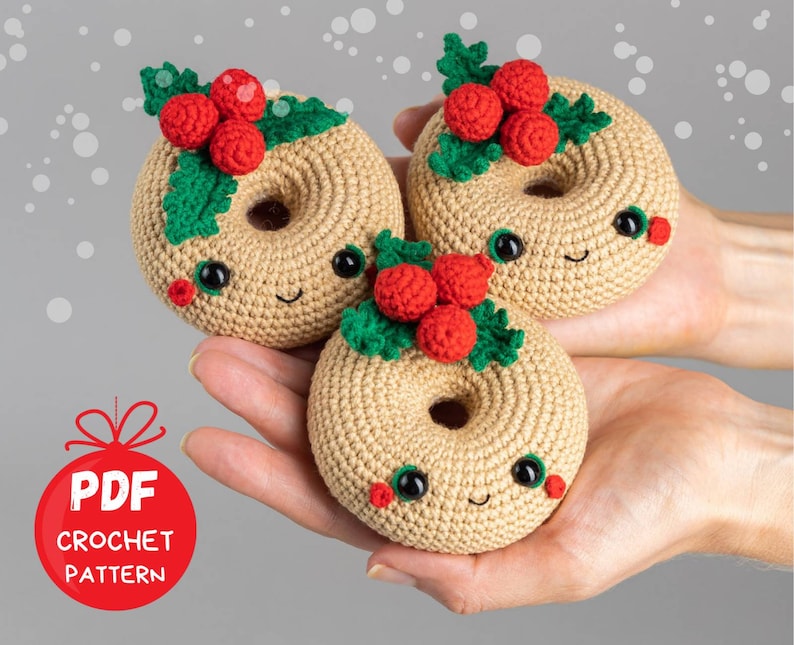 Crochet pattern Christmas donut, Christmas amigurumi food pattern, Crochet Christmas ornaments pattern, Crochet food pattern, Crochet decor image 1