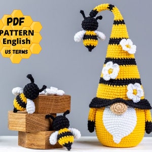 Crochet patterns bundle Gnome with Bee and pot of honey, Crochet bee pattern, Gnome amigurumi pattern, Crochet gnome with crochet flowers image 6