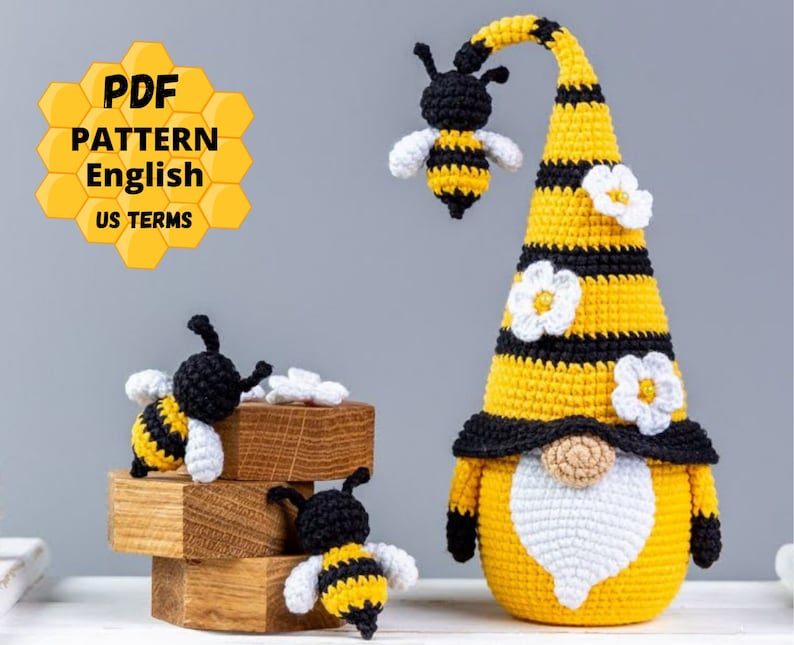 Crochet patterns bundle Gnome with Bee and pot of honey, Crochet bee pattern, Gnome amigurumi pattern, Crochet gnome with crochet flowers image 6
