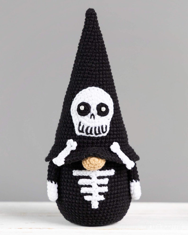 Halloween crochet patterns Gnome skeleton, Crochet Gnome with skull crochet pattern, Crochet Halloween amigurumi gnome decor image 4