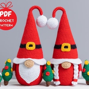 May include: A crochet pattern for two red and white Christmas gnomes with black belts and white beards. The gnomes are standing in front of a white background with small green Christmas trees.
