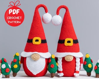 Patrones de crochet navideños Gnomos de Papá Noel con árboles de Navidad, Patrón amigurumi de gnomos navideños, Adornos navideños a crochet, Gnomo navideño