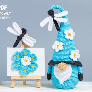Crochet patterns Gnome with Dragonfly, Crochet animals pattern, Crochet gnome amigurumi pattern with crochet flowers, Dragonfly gifts decor