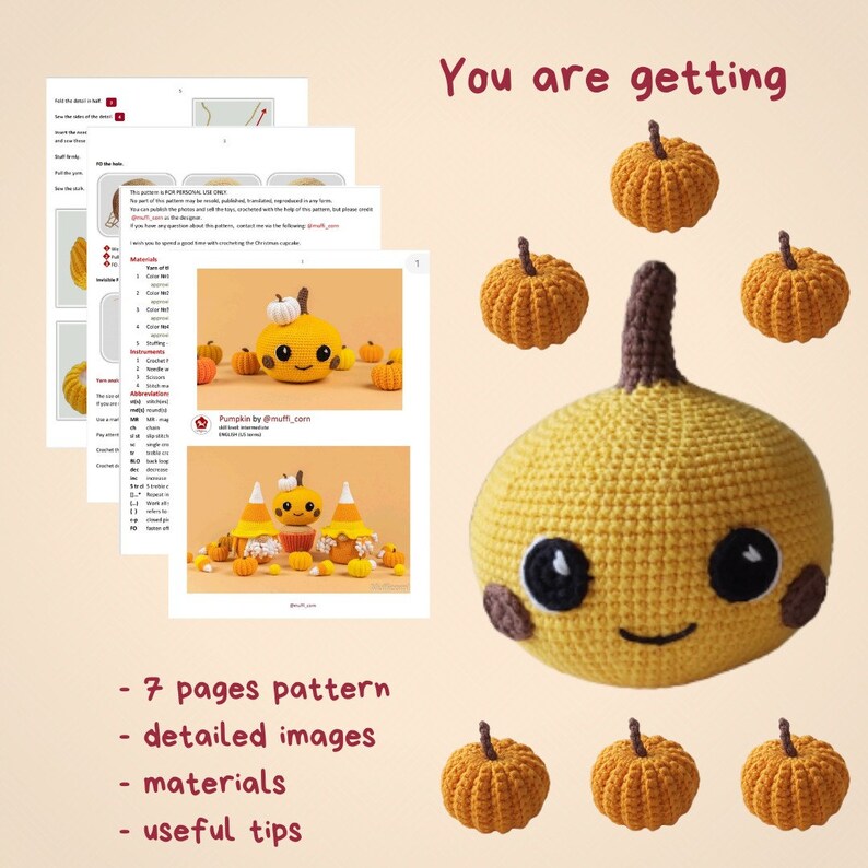 May include: A crochet pattern for making a cute pumpkin amigurumi toy. The pattern includes 7 pages of instructions, detailed images, materials list, and useful tips. You are getting a digital download, not a physical product.