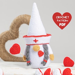 Crochet patterns gnome nurse with heart, Crochet nurse gift pattern, Crochet gnome amigurumi pattern, Nurse thank you gnome crochet pattern