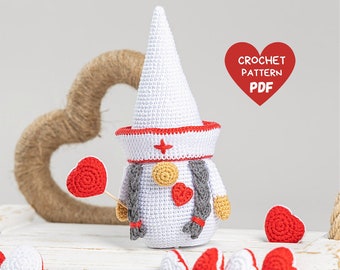 Crochet patterns gnome nurse with heart, Crochet nurse gift pattern, Crochet gnome amigurumi pattern, Nurse thank you gnome crochet pattern
