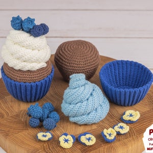 Crochet patterns cupcake, Crochet food pattern for play kitchen, Crochet play food, Crochet cupcake pattern with blueberry and pansies