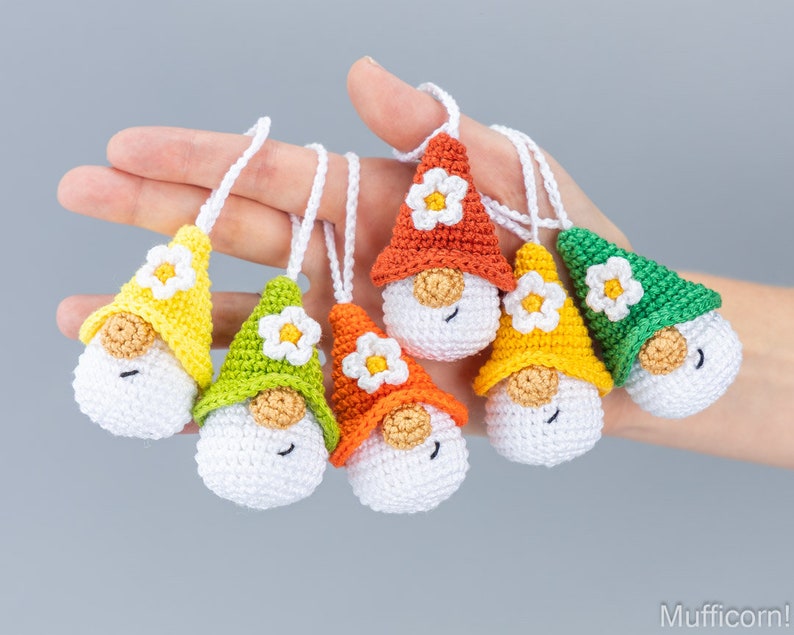 Crochet patterns amigurumi keychain gnome with crochet flower, Crochet keychain amigurumi pattern, Easter crochet pattern image 7