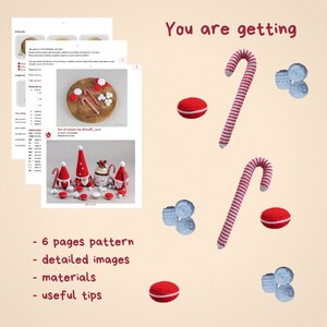 Puede incluir: Imagen de un patr&oacute;n de ganchillo para dulces, que incluye bastones de caramelo, macarons y bolas de nieve. El patr&oacute;n incluye im&aacute;genes detalladas, materiales y consejos &uacute;tiles. El texto dice "You are getting" y enumera los detalles del patr&oacute;n.