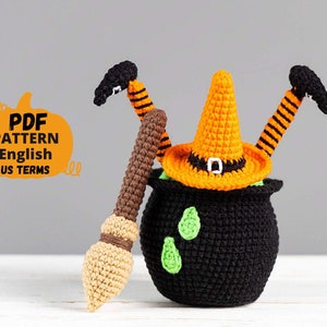 Halloween crochet patterns: Witch broom with cauldron and crochet witch hat, Crochet Halloween decor, Halloween amigurumi pattern image 1