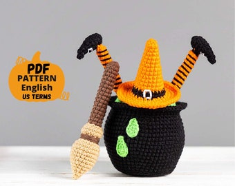 Halloween crochet patterns: Witch broom with cauldron and crochet witch hat, Crochet Halloween decor, Halloween amigurumi pattern