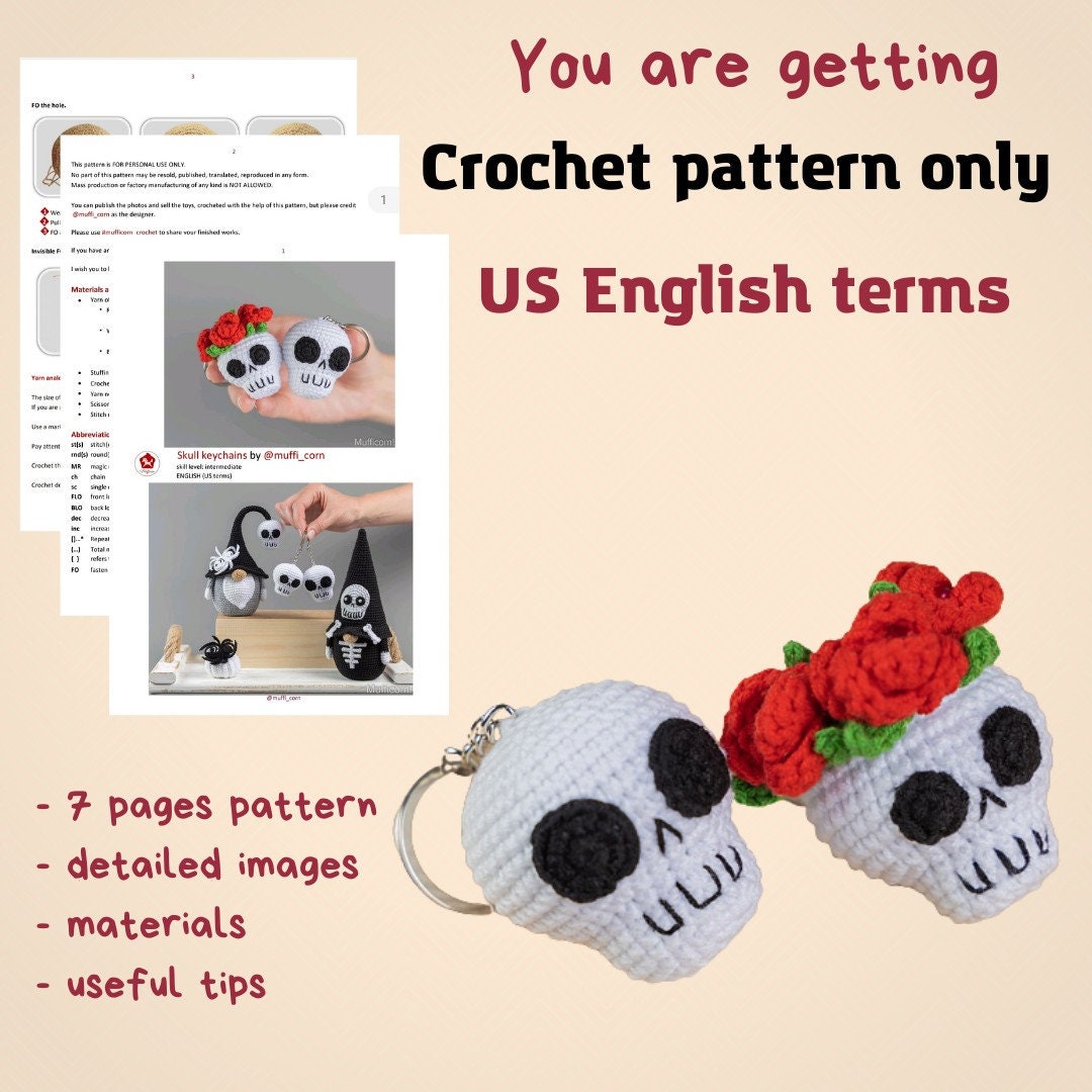 39 Skull Crochet Patterns for Halloween, Gothic Decor, and Creepy-Cute Gifts 22 Halloween crochet patterns skull keychain with flowers