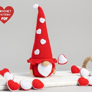 Crochet patterns gnome with heart, Crochet valentine gnome pattern, Crochet gnome amigurumi pattern, Valentines day gnome crochet pattern