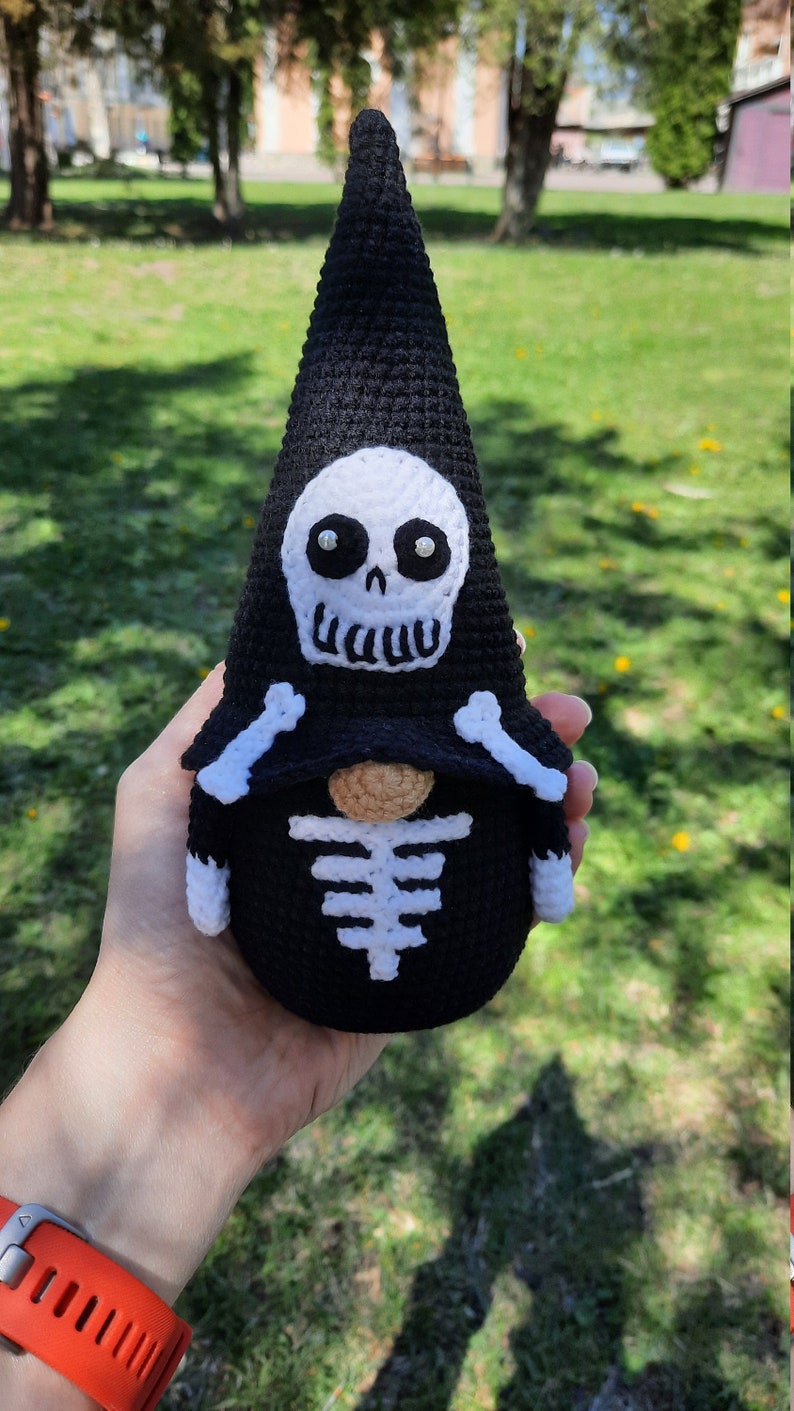 Halloween crochet patterns Gnome skeleton, Crochet Gnome with skull crochet pattern, Crochet Halloween amigurumi gnome decor image 9