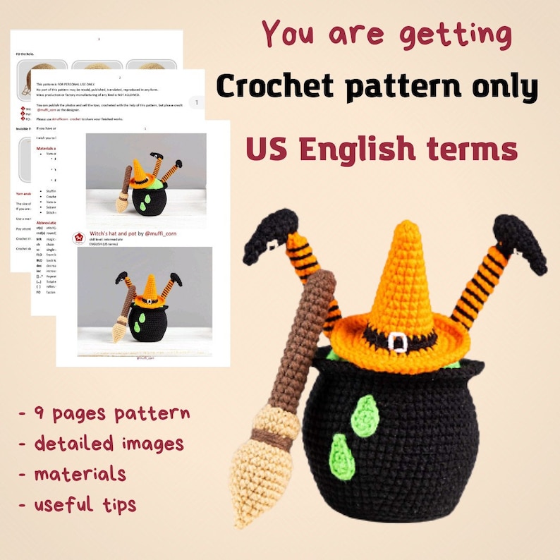 Halloween crochet patterns: Witch broom with cauldron and crochet witch hat, Crochet Halloween decor, Halloween amigurumi pattern image 2