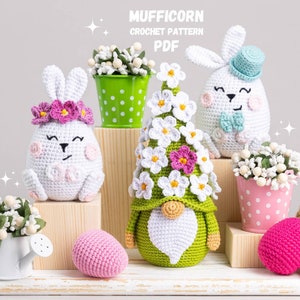 Crochet patterns Easter bunnies and Flower Gnome by Mufficorn, Amigurumi bunny pattern, Crochet gnome pattern, Easter amigurumi pattern