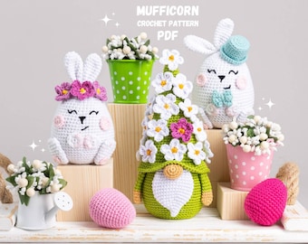 Crochet patterns Easter bunnies and Flower Gnome by Mufficorn, Amigurumi bunny pattern, Crochet gnome pattern, Easter amigurumi pattern