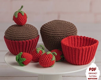 Crochet strawberry chocolate muffin pattern, Amigurumi food pattern for play kitchen, Crochet play food pattern for kids pretend play