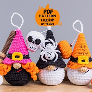 Halloween crochet keychain patterns bundle, Crochet pumpkin gnome, Crochet skull pattern, Crochet witch gnome, Crochet Halloween decor image 1