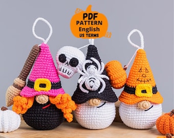 Ensemble de modèles de porte-clés au crochet d'Halloween, gnome de citrouille au crochet, motif de crâne au crochet, gnome de sorcière au crochet, décor d'Halloween au crochet