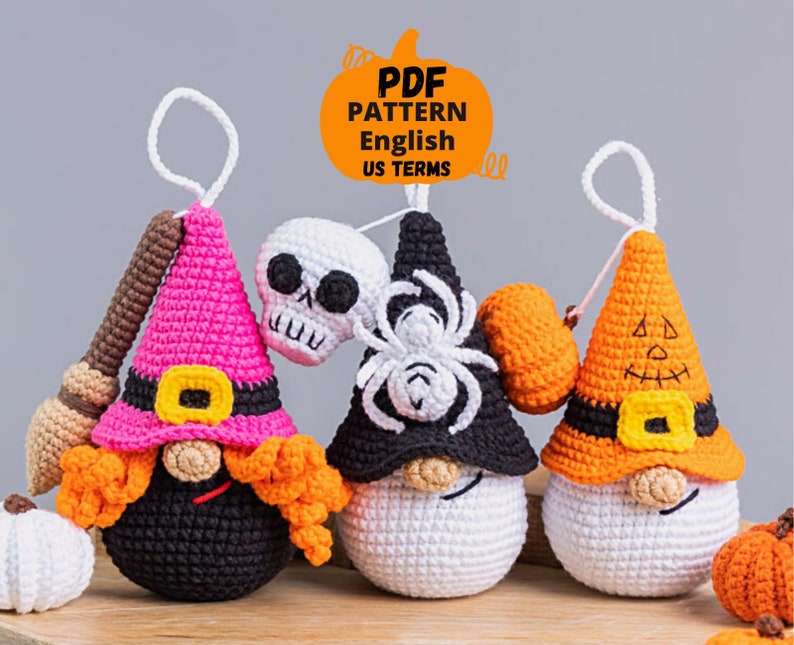 Halloween crochet keychain patterns bundle, Crochet pumpkin gnome, Crochet skull pattern, Crochet witch gnome, Crochet Halloween decor image 1