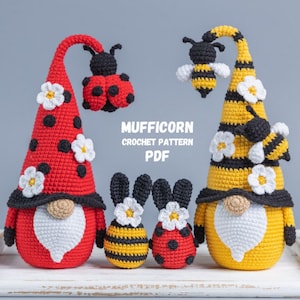 May include: Crochet pattern PDF for making ladybug and bee gnomes. The pattern includes instructions for making a ladybug gnome, a bee gnome, and two smaller gnomes, one with a ladybug design and one with a bee design. The gnomes are all wearing hats with flowers and have white beards.