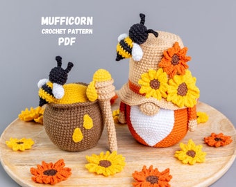 Crochet patterns Bee gnome with sunflower and pot of honey, Crochet flower pattern, Gnome amigurumi pattern, Crochet bee gnome pattern