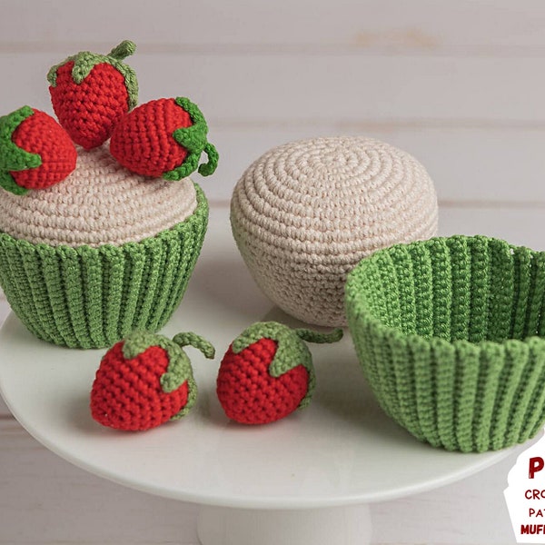 Crochet strawberry muffin pattern, Crochet food pattern for play kitchen, Amigurumi food pattern for kids pretend play