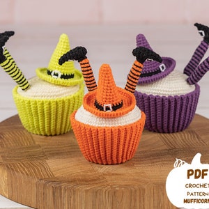 Halloween crochet pattern cupcake, Crochet witch hat cupcake pattern, Crochet food pattern, Crochet Halloween decor, Amigurumi food pattern