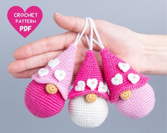 Crochet patterns gnome keychain with crochet heart, Crochet keychain amigurumi pattern, Crochet Valentines day pattern,  Small crochet decor