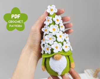 Crochet patterns Gnome with flowers, Crochet Birthday gnome amigurumi pattern, Mother's day crochet pattern, Crochet gnome decor