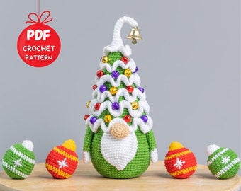 Patrones de ganchillo gnomo de árbol de Navidad con adornos navideños, Patrón de gnomo amigurumi de Navidad, Patrón de gnomo de ganchillo de Navidad