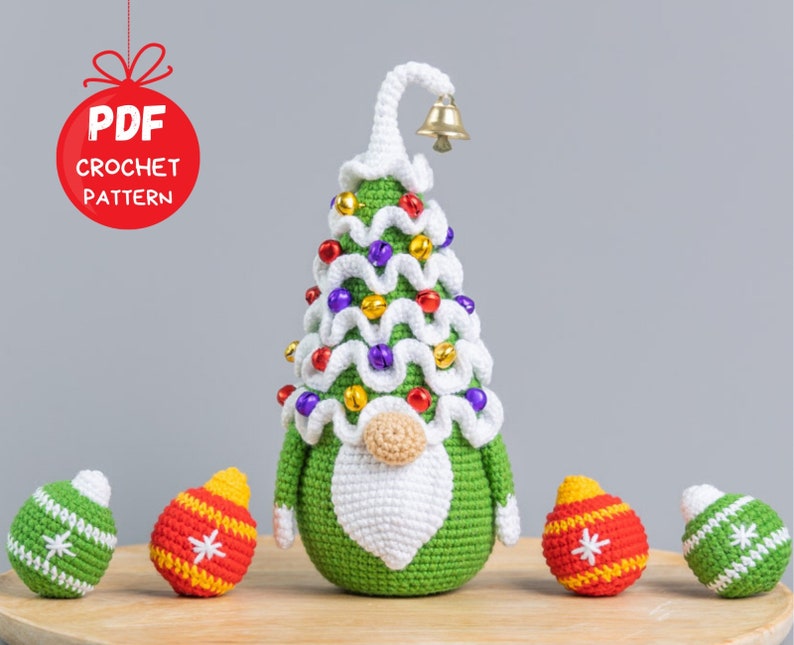 Crochet patterns Christmas tree gnome with Christmas ornements, Christmas amigurumi gnome pattern, Christmas crochet gnome pattern image 1