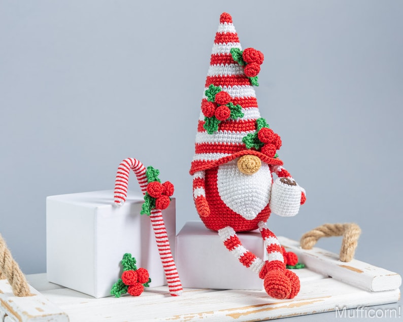 Crochet patterns Christmas gnome with candy cane, Christmas amigurumi gnome pattern, Crochet ornaments, Christmas crochet gnome pattern image 5