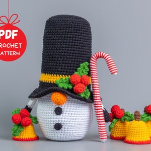 Crochet patterns Christmas Snowman gnome with the bell and candy cane, Christmas amigurumi gnome pattern, Christmas crochet gnomes pattern