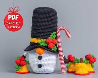 Crochet patterns Christmas Snowman gnome with the bell and candy cane, Christmas amigurumi gnome pattern, Christmas crochet gnomes pattern
