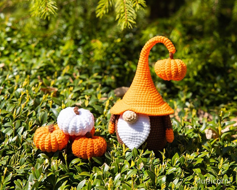 Crochet patterns amigurumi gnome with pumpkin, Crochet gnome and crochet pumpkin pattern, Halloween crochet pattern, Crochet Halloween decor image 9