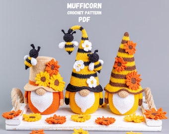 Crochet patterns Bee gnome with sunflower and pot of honey, Crochet flower pattern, Gnome amigurumi pattern, Crochet bee gnome pattern